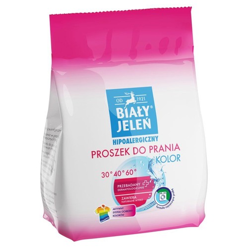 Proszek do prania Biały Jeleń, hipoalergiczny, do kolorów. Z naturalnym mydłem i ochroną kolorów.