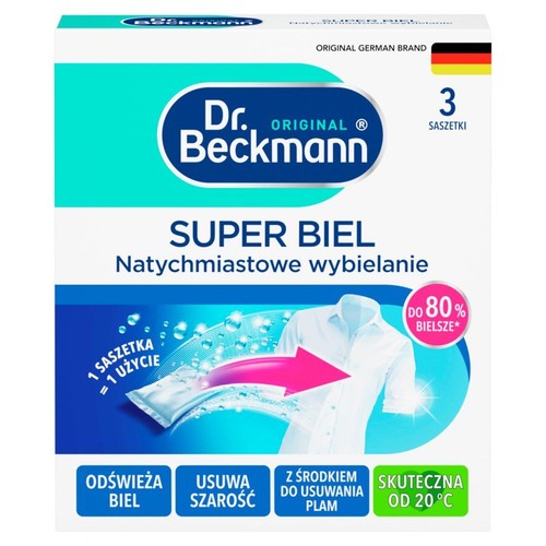 Dr. Beckmann Super Biel, wybielacz do tkanin w 3 saszetkach. Skuteczny od 20°C, odświeża biel i usuwa szarość.