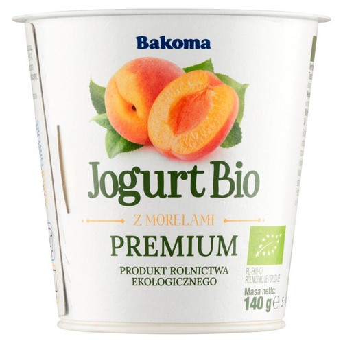 Ekologiczny jogurt Bakoma Bio z morelami. Białe opakowanie z owocami. 140 gramów.
