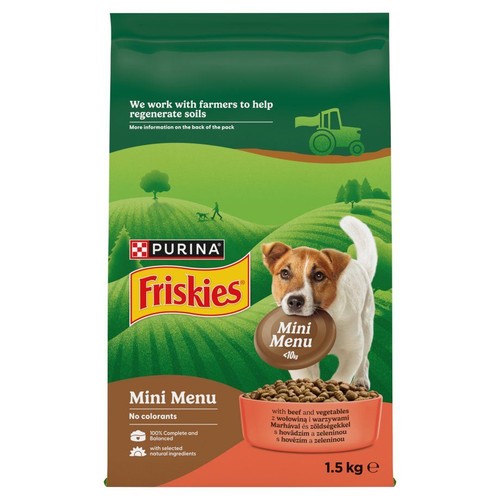 Worek karmy Friskies Mini Menu wołowina i warzywa, 1.5 kg. Na opakowaniu pies trzymający dysk, zielone wzgórza w tle.
