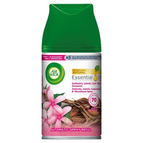Wkład Air Wick Essential Oil, jaśmin, cedr, nuty drzewne. 5x siła neutralizacji zapachów. Z naturalnymi olejkami.