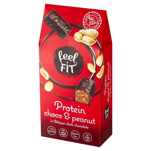 Czerwone opakowanie Feel Fit Protein choco & peanut. Batoniki z orzeszkami ziemnymi i czekoladą, 17% białka, bez cukru.