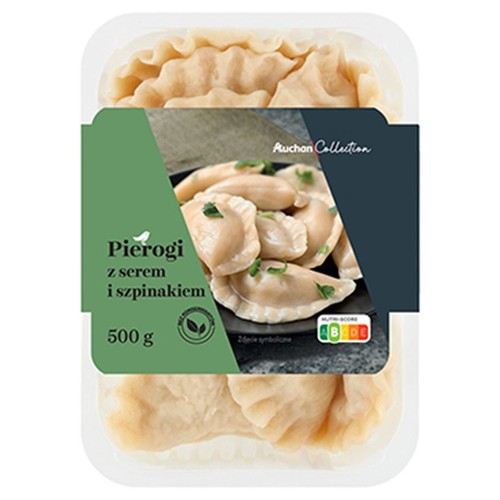 Opakowanie pierogów z serem i szpinakiem marki Auchan Collection, 500 g. Przezroczysta tacka z zielono-szarą etykietą.