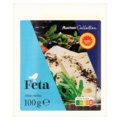 Feta Auchan Collection, 100g. Produkt z Chronioną Nazwą Pochodzenia. Na etykiecie grafika sera z sałatką.