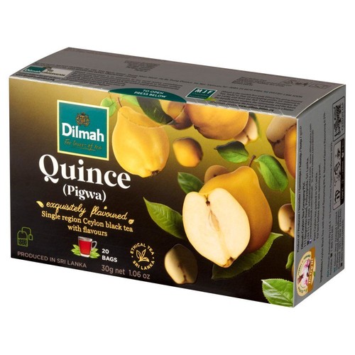 Herbata Dilmah Quince (Pigwa), wybornie aromatyzowana czarna herbata cejlońska. Pudełko z ilustracją owoców pigwy.