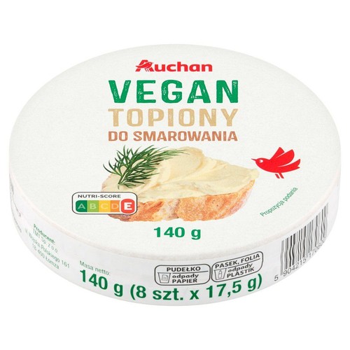 Auchan Vegan Topiony do smarowania w białym, okrągłym pudełku, masa netto 140 g. Z grafiką kromki chleba.
