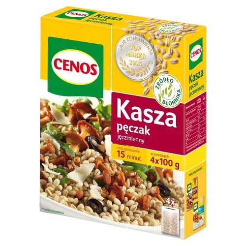 Opakowanie kaszy pęczak jęczmiennej CENOS, 4x100g. Na froncie sugestia podania z grzybami i serem. Czas gotowania 15 minut.