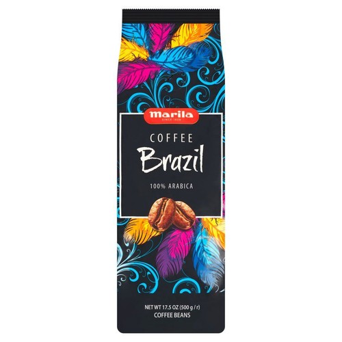 Opakowanie kawy Marila Brazil 100% Arabica, ziarna. Waga netto 500 g. Czarne tło z barwnymi wzorami.