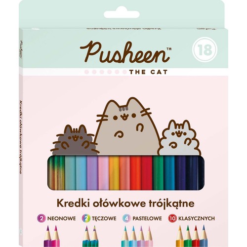 Opakowanie 18 trójkątnych kredek ołówkowych marki Pusheen The Cat. Na jasnoróżowym tle widnieją trzy koty Pusheen, wyglądające zza rzędu kolorowych kredek. Opisane są kategorie: 2 neonowe, 2 tęczowe, 4 pastelowe, 10 klasycznych.