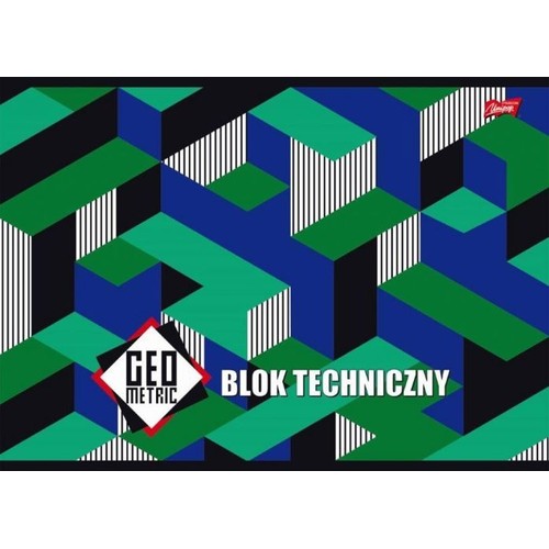 Blok techniczny marki Unipap, Geo Metric. Okładka przedstawia złożony, trójwymiarowy wzór geometryczny, składający się z kostek i prostopadłościanów w odcieniach zieleni, błękitu i czerni, z białymi paskami.
