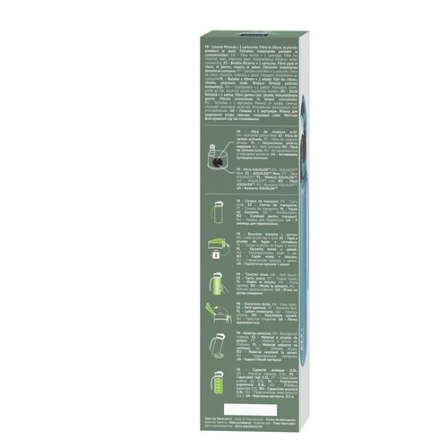 Zielone opakowanie butelki filtrującej AQUALEŃ o pojemności 500 ml. Zawiera filtr z włókna węglowego, korek z blokadą i uchwyt.