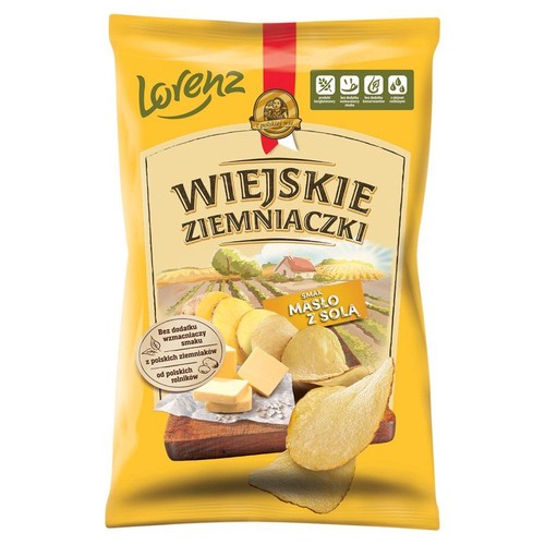 Żółta paczka chipsów Lorenz Wiejskie Ziemniaczki, smak masło z solą.