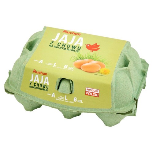 Karton 6 jajek klasy L od Auchan, z chowu na wolnym wybiegu. Na etykiecie grafika jajek i ptaka.