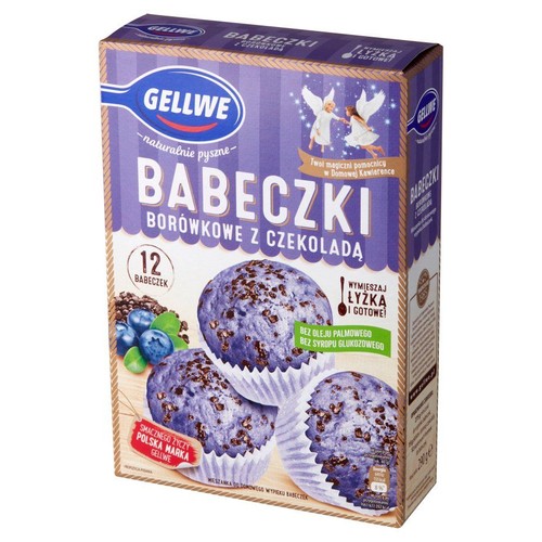 Opakowanie Gellwe Babeczki Borówkowe z Czekoladą, 12 sztuk. Na pudełku grafika fioletowych babeczek z czekoladą i borówkami.