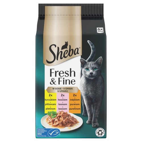 Karma mokra dla kotów z kurczakiem, łososiem i indykiem Sheba 6 x 50 g