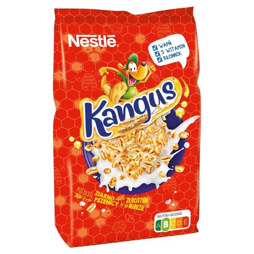 Opakowanie płatków Nestle Kangus, pszennych z miodem, w czerwonej torbie z wzorem plastra miodu. Na froncie grafika wesołego kangura i miski pełnej płatków z mlekiem. Produkt wzbogacony w wapń, 5 witamin i błonnik.