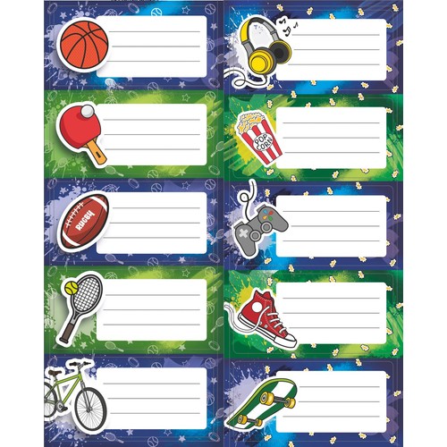 Naklejki na zeszyty z grafikami sportowymi i hobbystycznymi, takimi jak piłka do koszykówki, słuchawki, rakieta tenisowa, deskorolka.