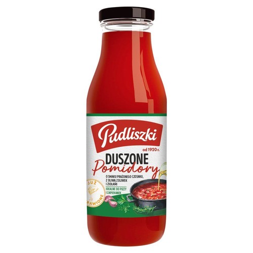 Butelka duszonych pomidorów Pudliszki z etykietą informującą o smaku prażonego czosnku, oliwy z oliwek i ziół. Idealne do pizzy.