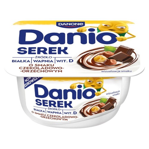 Danone Danio Serek o smaku czekoladowo-orzechowym. Źródło białka, wapnia i witaminy D. Na opakowaniu grafika czekolady i orzechów.