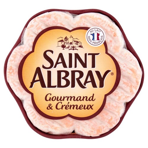 Ser Saint Albray w opakowaniu w kształcie kwiatu, z etykietą "Gourmand & Crémeux".