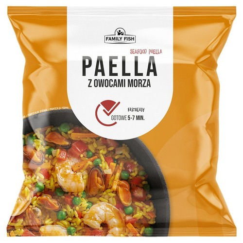 Pomarańczowo-białe opakowanie Family Fish Paella z owocami morza. Widać danie z ryżem, groszkiem, krewetkami i małżami.