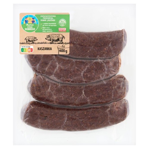 Opakowanie 400g kaszanki, cztery sztuki. Produkt Polski z etykietą Auchan Pewni Dobrego.