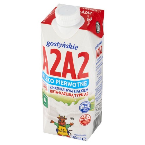 Opakowanie mleka Gostyńskie A2A2 UHT 3,2% o pojemności 500 ml. Biały karton z czerwoną i niebieską grafiką, z białą zakrętką.