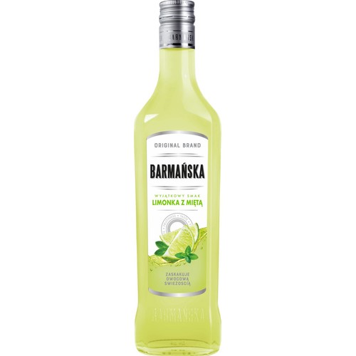 Butelka Barmańska Limonka z Miętą. Etykieta z grafiką plasterków limonki i liści mięty. Srebrna zakrętka.