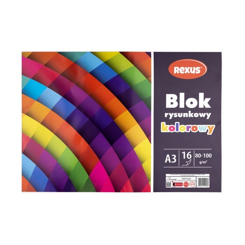 Rexus blok rysunkowy kolorowy A3, 16 kartek, 80-100 g/m². Okładka z abstrakcyjnym wzorem.