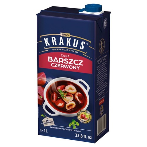 Opakowanie kartonowe Krakus Barszcz Czerwony, 1L. Granatowy karton z logo Krakus i napisem "Gwarancja Smaku". Przedstawia miskę barszczu z uszkami, parującą. Podkreślono brak konserwantów i polskie buraki.