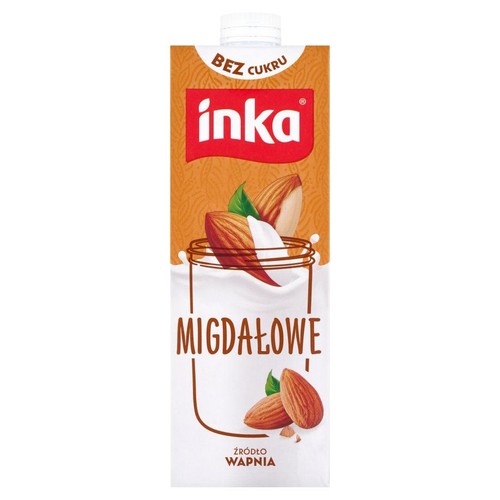 Napój migdałowy Inka Bez Cukru w brązowo-białym kartonie z białą zakrętką. Na etykiecie widnieje nazwa Inka, grafika migdałów i informacja "Źródło Wapnia".