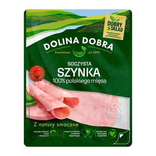 Opakowanie szynki Dolina Dobra, soczysta, ze 100% polskiego mięsa. Produkt z Przechlewa, od 1994 roku.