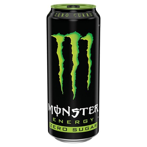 Puszka Monster Energy Zero Sugar, czarna z jaskrawozielonym logo w kształcie pazurów i napisem "Zero Cukru".