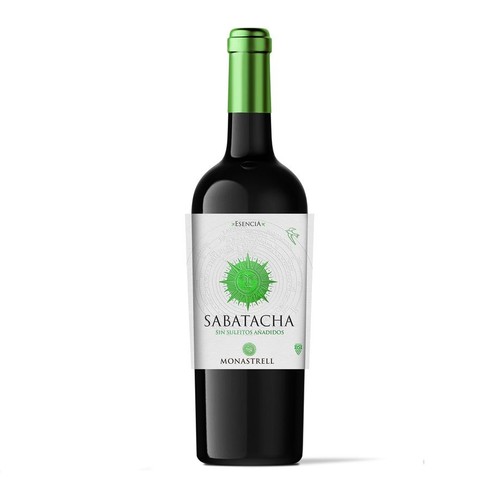 Ciemna butelka wina Sabatacha Esencia Monastrell z zieloną zakrętką. Biała etykieta zawiera duży, zielony symbol słońca z twarzą, nazwę "Sabatacha" oraz informację "Bez dodanych siarczanów". Widoczna jest również nazwa szczepu "Monastrell".