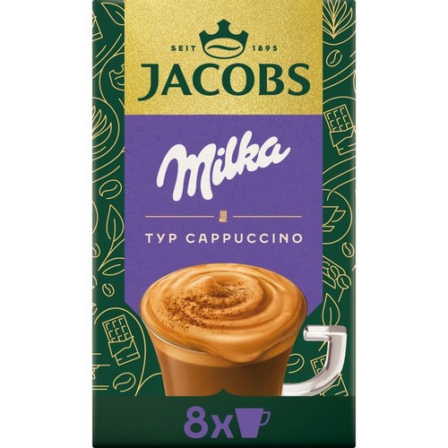 Zielone opakowanie Jacobs Milka Cappuccino, 8 sztuk. Widoczna grafika spienionego napoju kawowego.