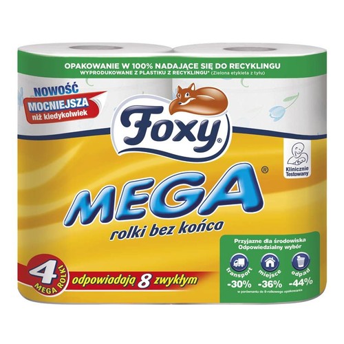 Opakowanie papieru toaletowego Foxy MEGA, 4 rolki odpowiadające 8 zwykłym. Nowość, mocniejsza niż kiedykolwiek.