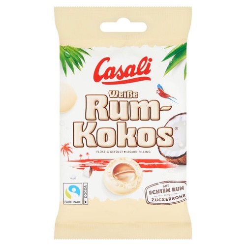 Casali Biały Rum-Kokos, cukierki z płynnym nadzieniem. Z prawdziwym rumem i kakao Fairtrade.