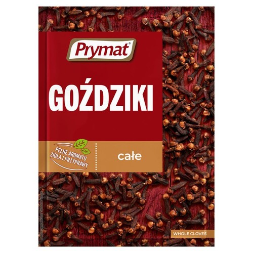Przyprawa Prymat Goździki całe. Czerwone opakowanie z białym napisem "Goździki" i grafiką rozsypanych goździków.