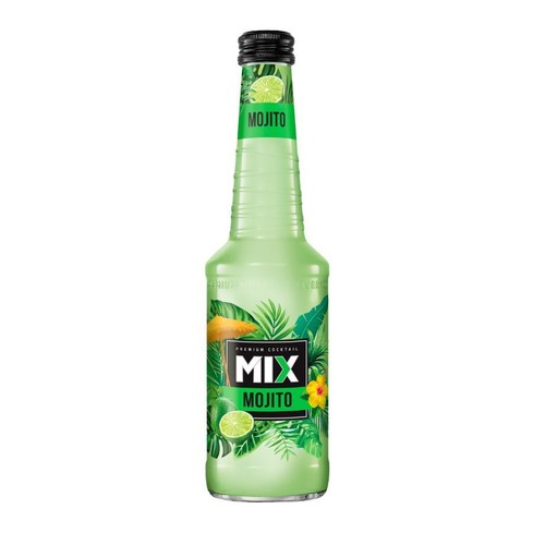 Zielona butelka z czarną zakrętką, zawierająca mieszankę koktajlową Mojito. Na etykiecie widnieje napis "PREMIUM COCKTAIL MIX MOJITO" oraz grafiki tropikalnych liści, limonki i żółtego kwiatu hibiskusa.