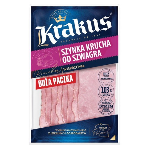 Opakowanie szynki wieprzowej Krakus Krucha od Szwagra. Duża paczka, wędzona, z 103% mięsa.