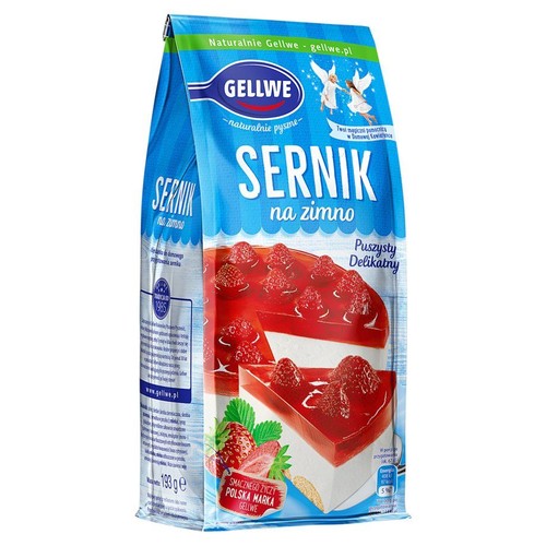Opakowanie Gellwe Sernik na zimno, 193g. Na opakowaniu grafika kawałka sernika z galaretką i truskawkami.