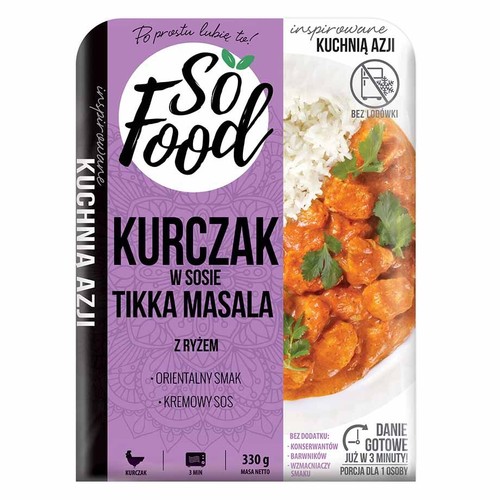 Opakowanie So Food Kurczak Tikka Masala z ryżem, 330g. Gotowe danie inspirowane kuchnią azjatycką, bez konserwantów.