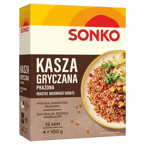 Karton kaszy gryczanej prażonej Sonko, 4x100g. Na froncie grafika przedstawiająca gotową potrawę z kaszą.