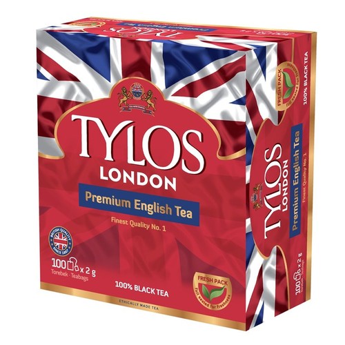 Pudełko herbaty Tylos London Premium English Tea z grafiką flagi Union Jack. Produkt zawiera 100 torebek czarnej herbaty, każda po 2g. Oznaczone jako Najwyższa Jakość Nr 1 i British Quality od 1887 roku. Opakowanie zapewnia świeżość produktu.