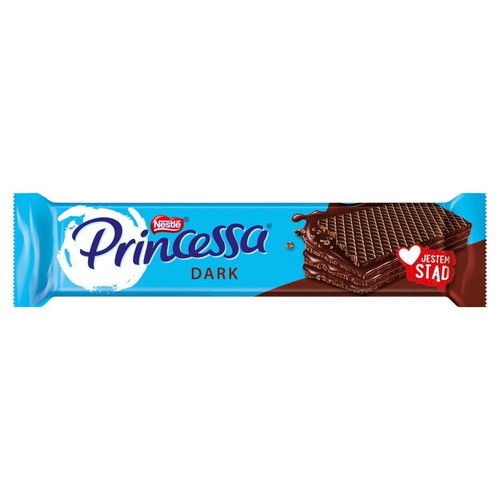 Produkt Nestle Princessa Dark, baton waflowy w niebieskim opakowaniu. Na froncie opakowania znajduje się logo Nestle, nazwa "Princessa Dark" oraz apetyczna ilustracja wafli z ciemną czekoladą. W prawym dolnym rogu serce z napisem "JESTEM STĄD".