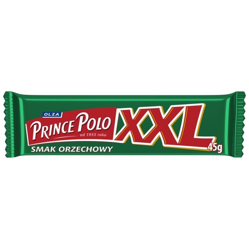 Opakowanie batona Prince Polo XXL w kolorze zielonym. Widoczne logo Olza i napis "od 1955 roku". Produkt o smaku orzechowym, ważący 45 gramów.