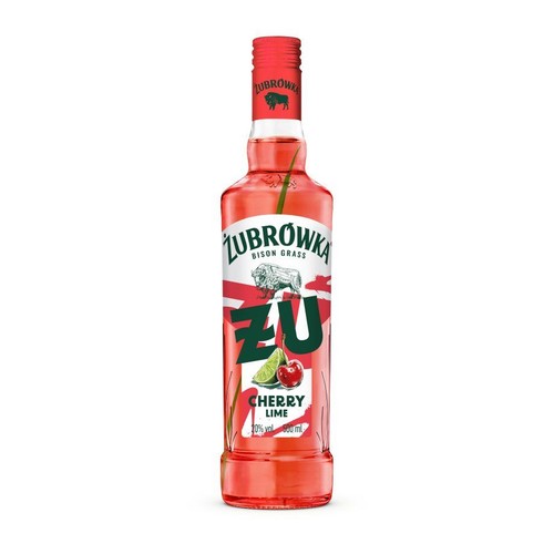 Butelka alkoholu Żubrówka Bison Grass Cherry Lime, 500 ml. Etykieta z nazwą marki, wizerunkiem żubra, napisem "Cherry Lime" oraz grafikami wiśni i limonki. Produkt zawiera 20% alkoholu. W środku butelki widoczna trawa żubrowa.