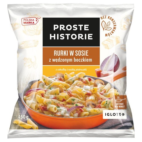 Opakowanie mrożonych rurek w sosie z boczkiem Proste Historie, 450g. Na grafice danie z makaronem, boczkiem i cebulą.