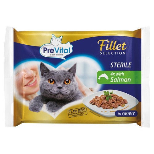 Opakowanie PreVital Fillet Selection, karma dla kotów sterylizowanych, 4x z łososiem. Grafika kota i karmy w sosie.