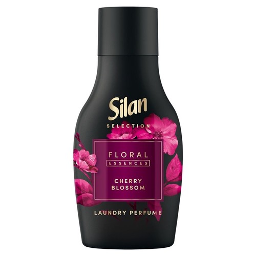Silan Selection Floral Essences Cherry Blossom, perfumy do prania w czarnej butelce z różowymi kwiatami.